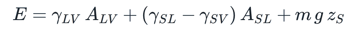 E = γ_LV · A_LV + (γ_SL − γ_SV) · A_SL + m · g · z_S