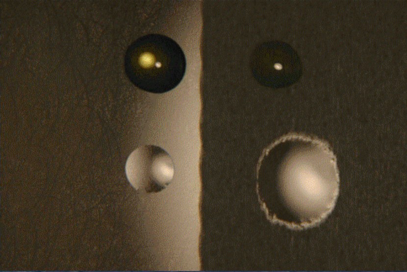 Vier Tropfen auf unterschiedlich rauen Metalloberflächen