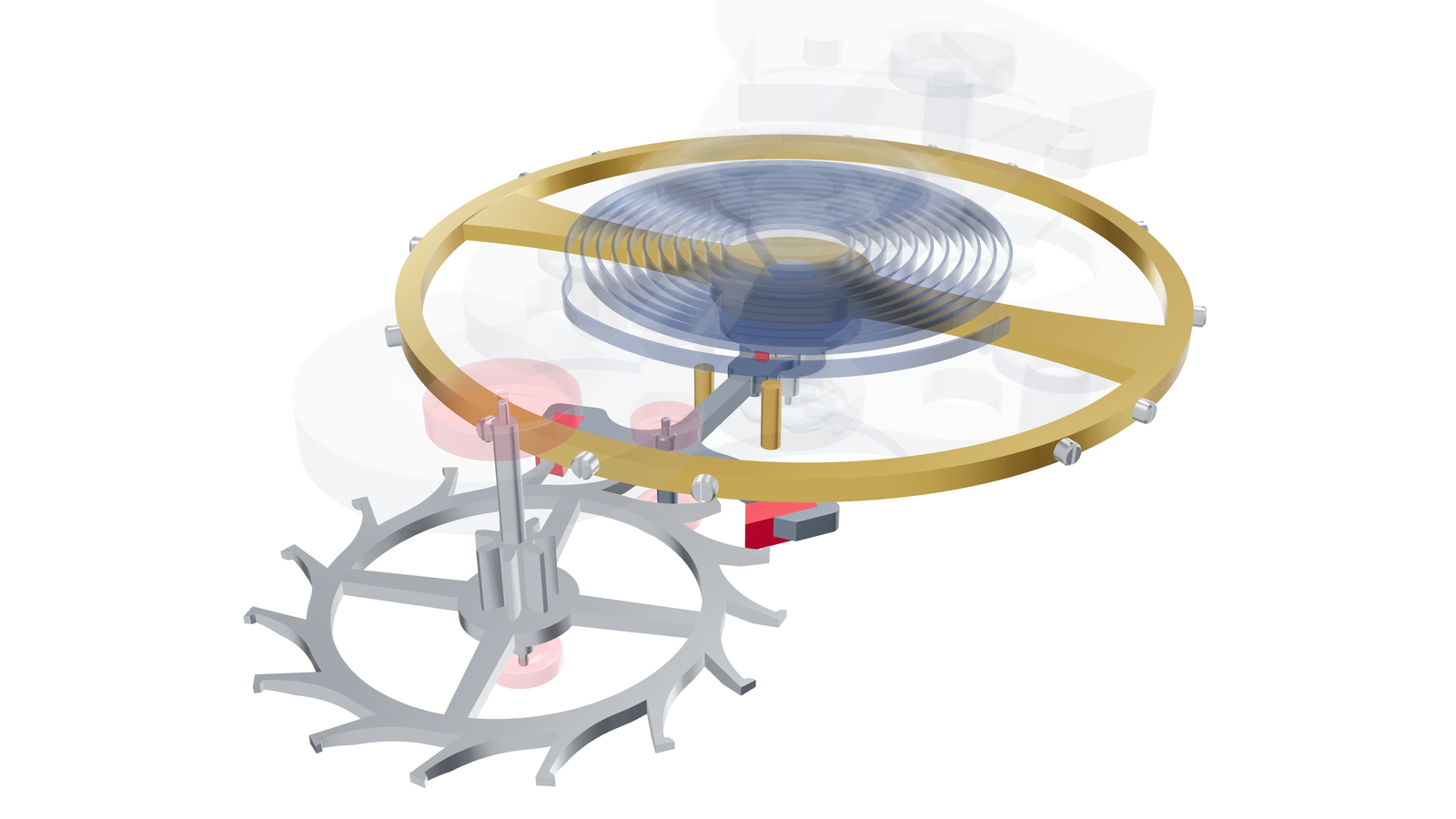 The escapement assembly of a Swiss lever escapement viewed obliquely from above: escape wheel, pallet fork and balance with impulse pin in consistent component colours, with the bridge semi-transparent