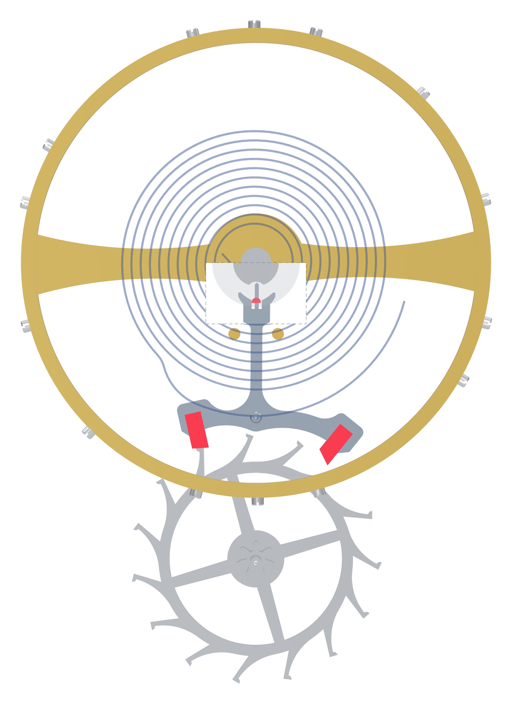 Top view of the model's escapement assembly: escape wheel, lever with two pallets, banking pins and balance with hairspring, each component in its consistent colour; the balance and hairspring are cut away above the fork, revealing the double roller with impulse pin, fork with horns and guard pin beneath