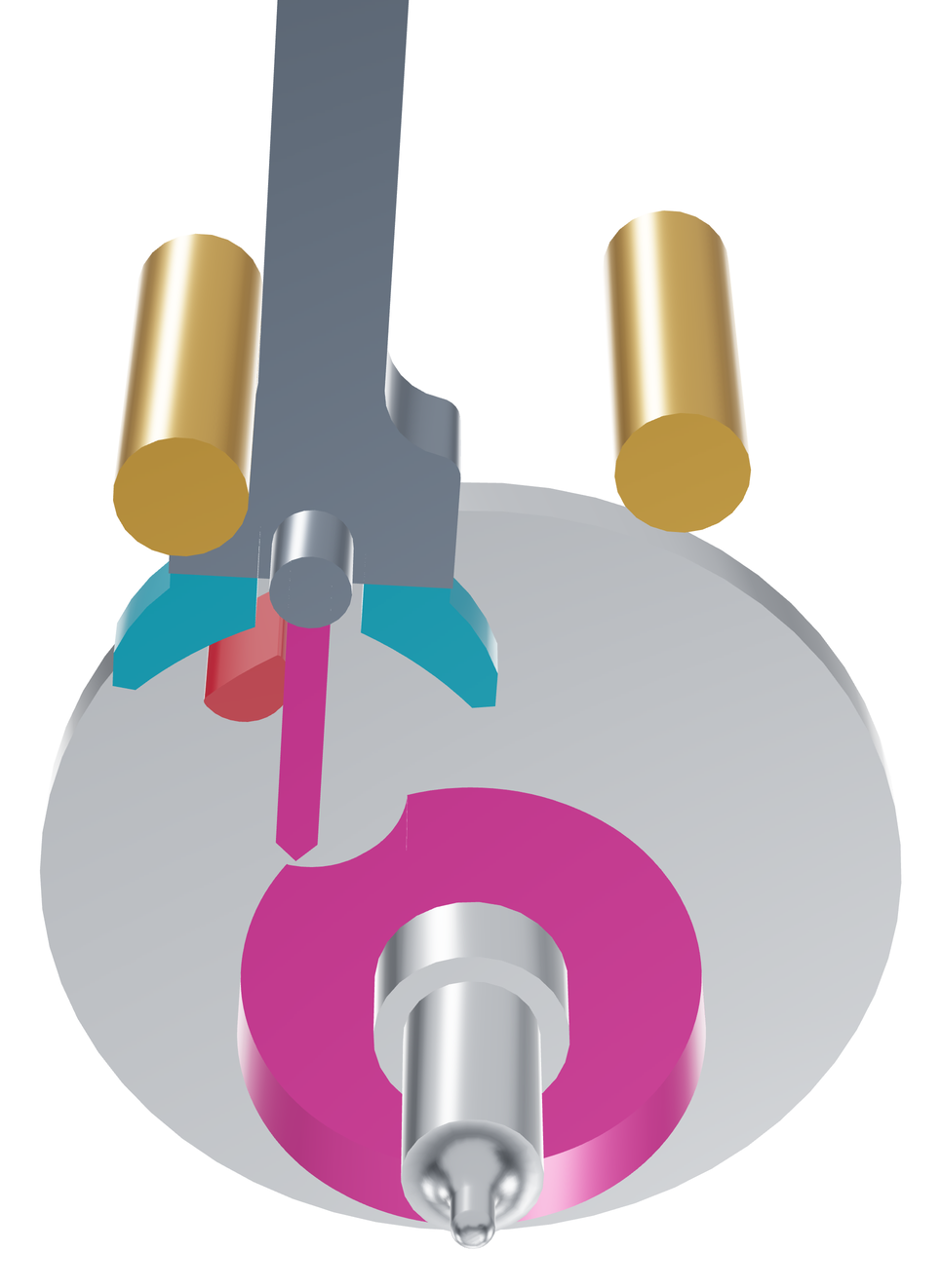 Close-up view of the fork and double roller from below, with colour highlights: guard pin and safety roller with passing hollow in magenta, horns in turquoise, impulse pin in red, banking pins in brass