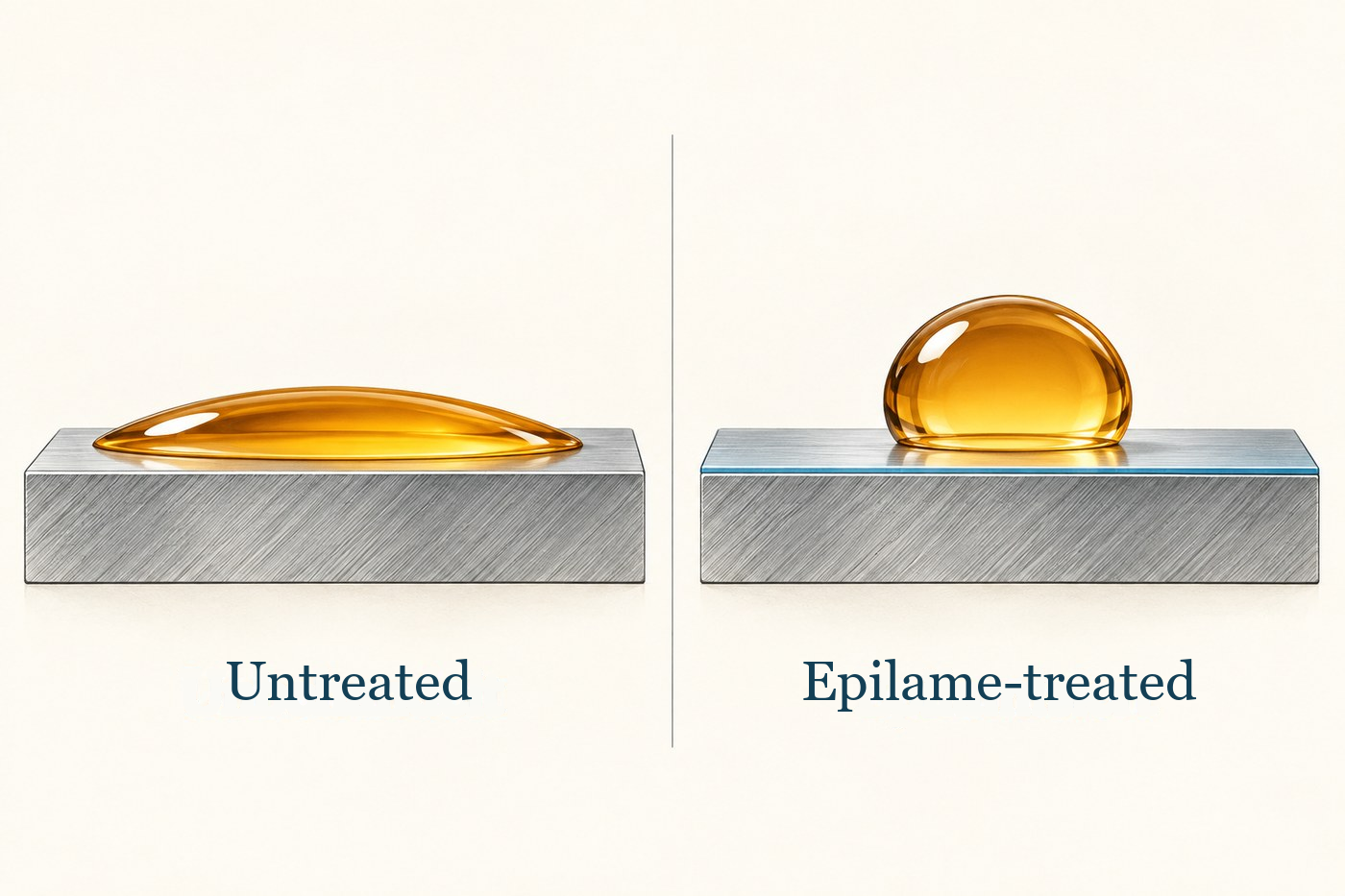 Comparison: on the left, an oil drop spread over an untreated surface; on the right, a compact drop on an epilame-treated surface